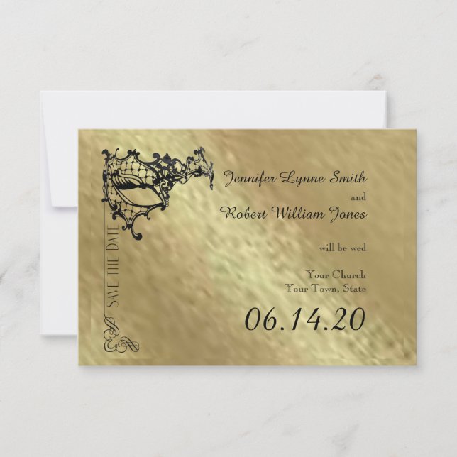 Black Filigree Mask on Gold Save the Date (Front)