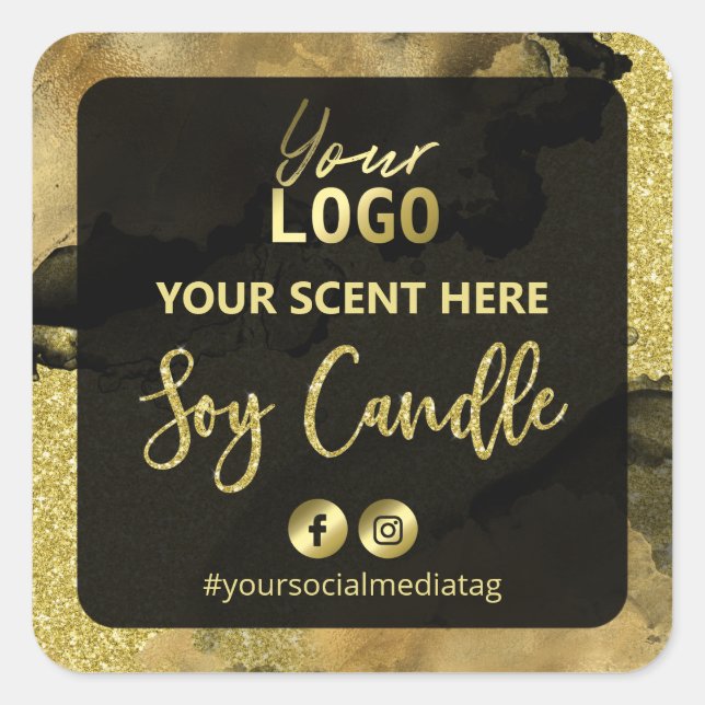 Black Fine Gold Glitter Ink Soy Candle Labels (Front)