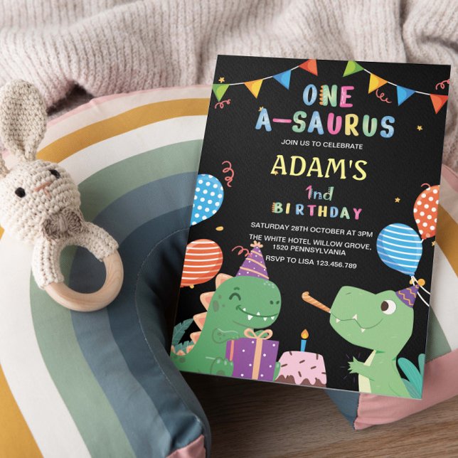 Black First 1st Birthday Party Dinosaur & Cake Invitation (Creator Uploaded)