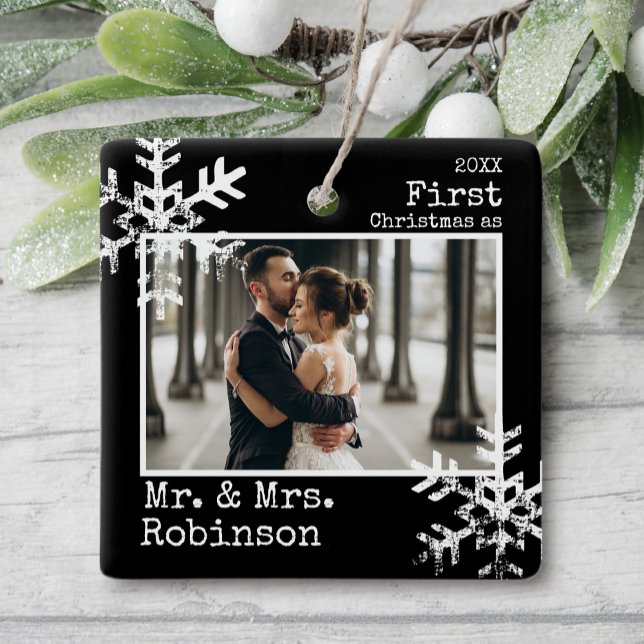 Black First Christmas Married Photo Ceramic Ornament (Rustic snowflake newlywed holiday keepsake photo ornament perfect for gifts to bring joy to others.)