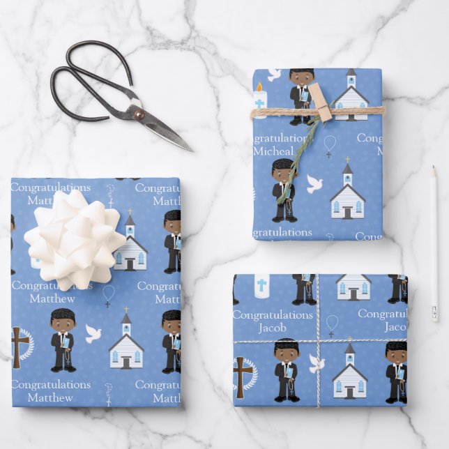 Black First Communion Boy Wrapping Paper Sheet (Front)