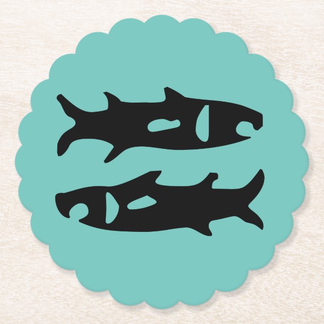 Black fish sharks design aquamarine Pisces zodiac Paper Coaster (Front)