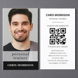 Black Fitness QR Code Personal Trainer Photo Business Card
