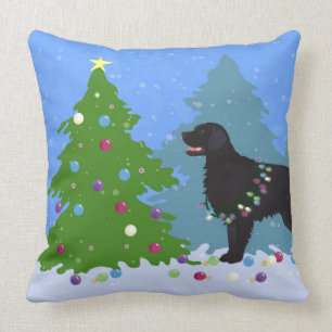 Black Flat-Coated Retriever - Christmas Forest Cushion