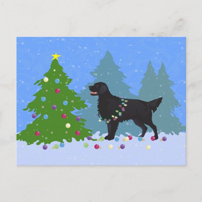 Black Flat-Coated Retriever - Christmas Forest Holiday Postcard (Front)