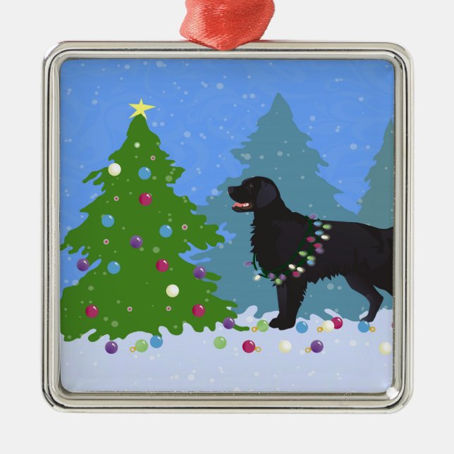 Black Flat-Coated Retriever - Christmas Forest Metal Tree Decoration (Front)