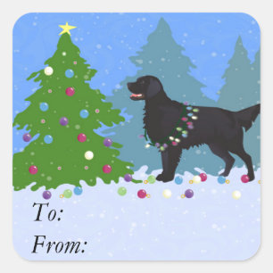 Black Flat-Coated Retriever - Christmas Forest Square Sticker