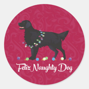 Black Flat Coated Retriever Feliz Naughty Dog Classic Round Sticker