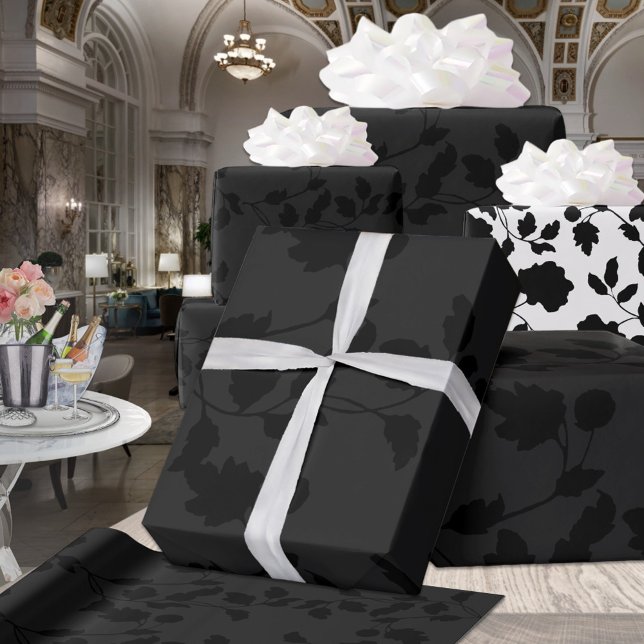 Black Flat Leaf Branch Floral Vine On Grey Wrapping Paper (Creator Uploaded)