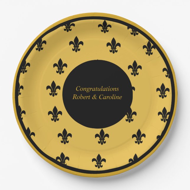 Black Fleur de Lis on Gold Background  Paper Plate (Front)