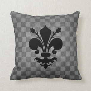 Black Fleur De Lis on grey chequerboard pattern Cushion