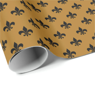 Black Fleur-de-lis on Matte Gold Wrapping Paper