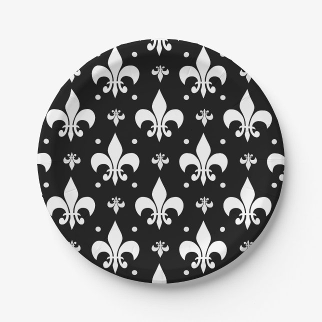 Black Fleur-de-lis Pattern Design  Paper Plate (Front)