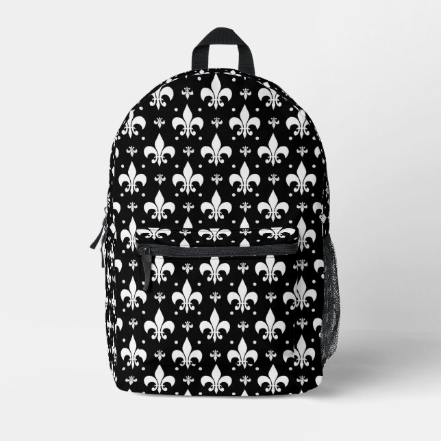 Black Fleur-de-lis Pattern Design  Printed Backpack (Front)