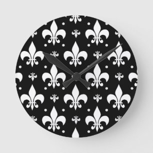 Black Fleur-de-lis Pattern Design  Round Clock