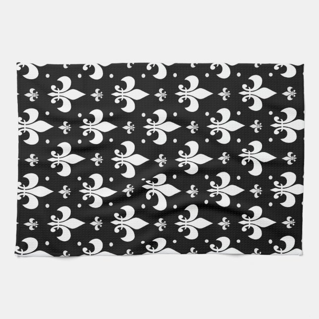 Black Fleur-de-lis Pattern Design  Tea Towel (Horizontal)