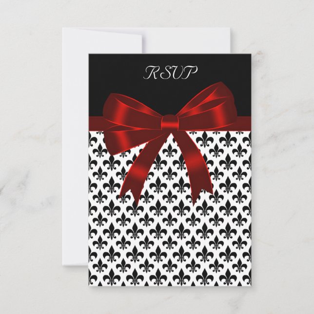 Black Fleur De Lis Red Bow RSVP Card (Front)