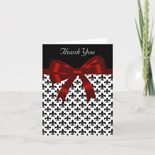 Black Fleur De Lis Red Bow Thank You Card (Front)