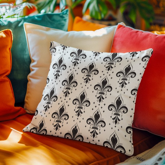 Black fleur-de-lis seamless pattern on white throw cushion (Creator Uploaded)