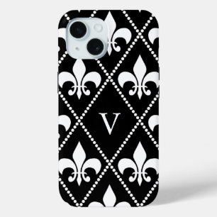 Black Fleur de Lis w/ monogram iPhone 15 Case