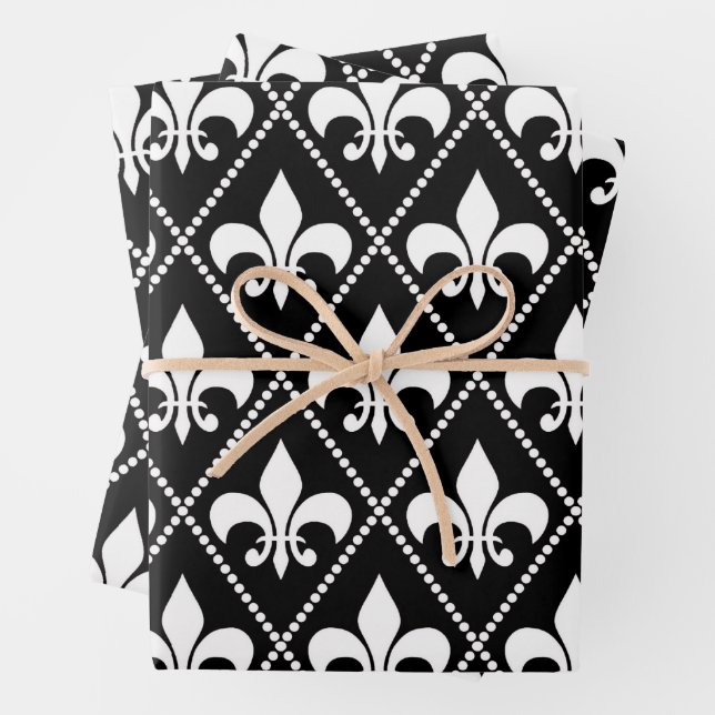 Black Fleur de Lis Wrapping Paper Sheet (In situ)