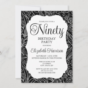 Black Flora Woman 90th Birthday Party Invitation
