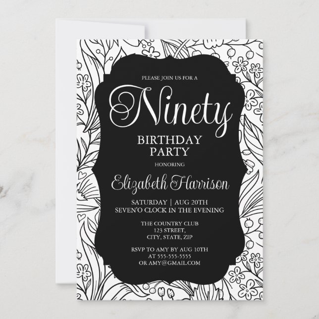 Black Flora Woman 90th Birthday Party Invitation (Front)