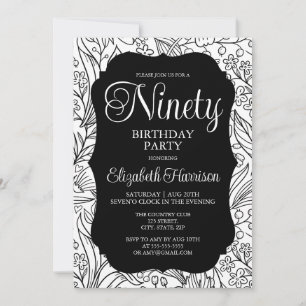Black Flora Woman 90th Birthday Party Invitation