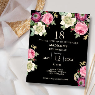 Black Floral 18th Budget Birthday Invitation