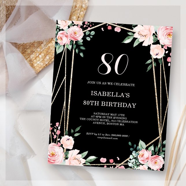 Black Floral 80th Budget Birthday Invitation (Creator Uploaded)