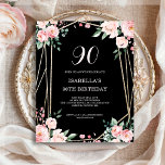 Black Floral 90th Budget Birthday Invitation<br><div class="desc">Looking for an affordable and charming invitation for your upcoming 90th birthday bash? Look no further than our black floral paper invitation! With a lovely design featuring delicate blush pink flowers on a chic black background and an elegant font, this customisable invitation is sure to set the perfect tone for...</div>