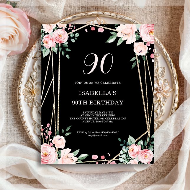Black Floral 90th Budget Birthday Invitation (Creator Uploaded)