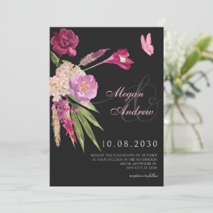 Black Floral aesthetic wedding  Invitation