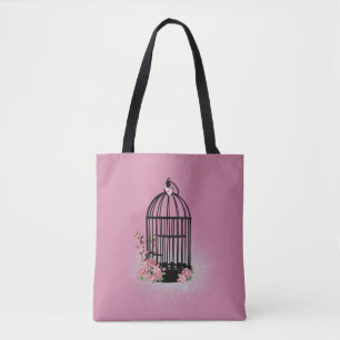 Black Floral Birdcage Pink Tote Bag