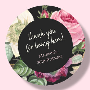 Black Floral Birthday Thank You Classic Round Sticker