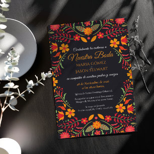 Black Floral Boda Fiesta Colourful Spanish Wedding Invitation