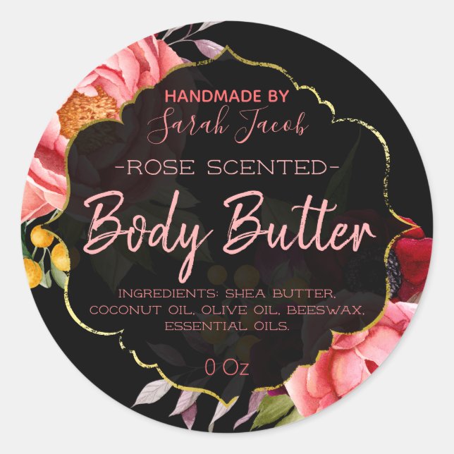 Black Floral Body Butter Labels (Front)