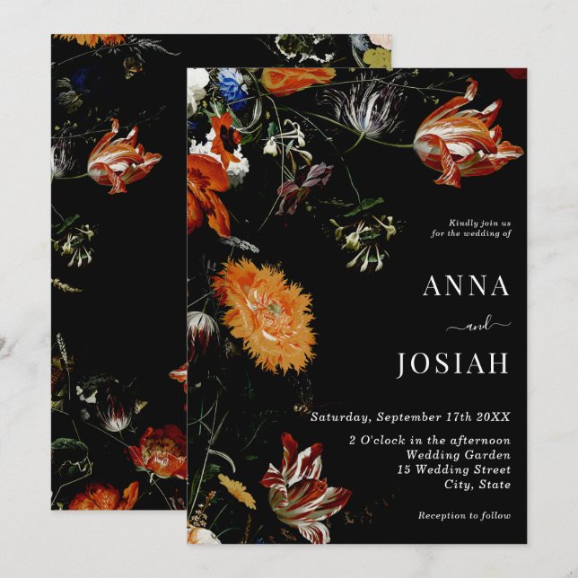 Black Floral Boho Chic Wedding Invitation (Front/Back)