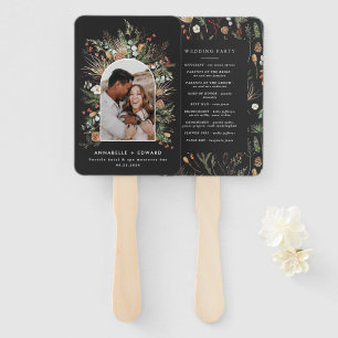 Black floral botanical modern rustic wedding hand fan