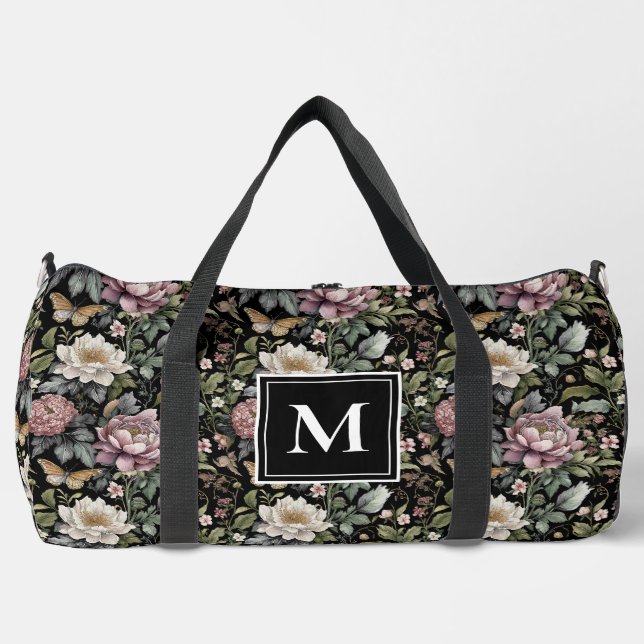 Black Floral Botanical Monogram Duffle Bag (Front)