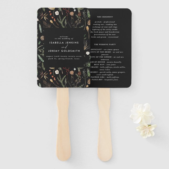 Black floral botanical wedding hand fan (Front and Back)