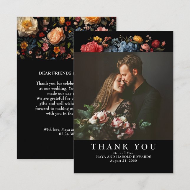 Black Floral Botanical Wedding Photo Thank You Card (Front/Back)