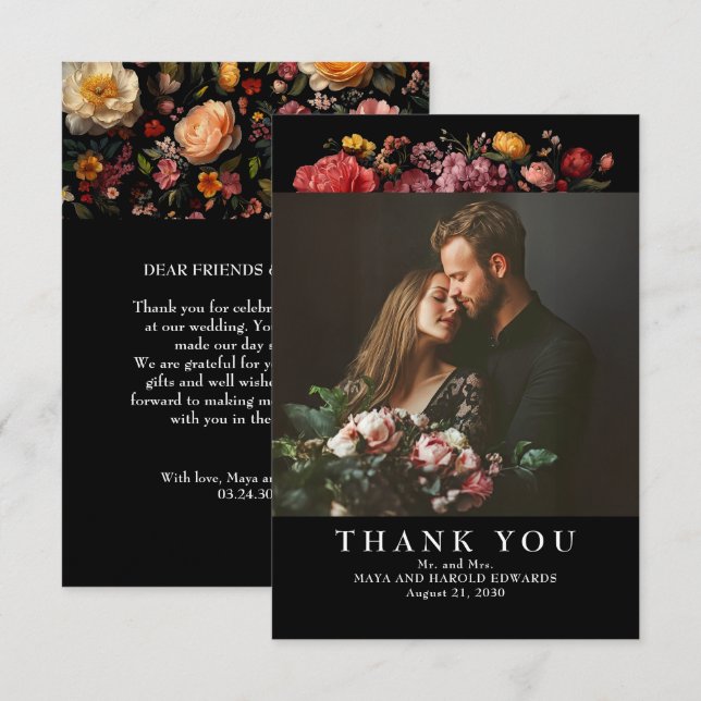 Black Floral Botanical Wedding Photo Thank You Card (Front/Back)