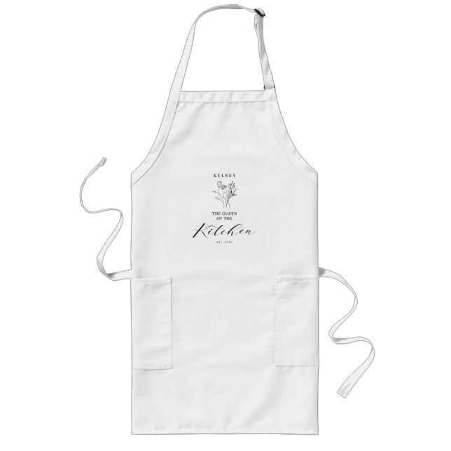 Black Floral Bouquet Name & Queen of the Kitchen Long Apron (Front)