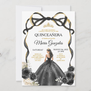 Black Floral Bow Princess Gold Crown Quinceañera Invitation