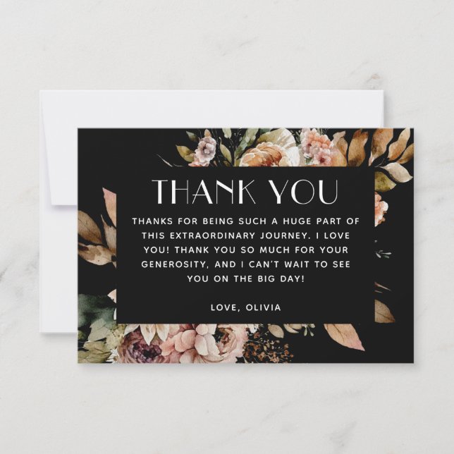 Black Floral Bridal Shower | Boho Romantic Fall Thank You Card (Front)