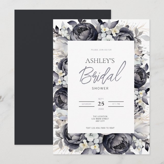 Black Floral Bridal Shower Invitation (Front/Back)