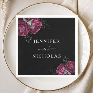 Black Floral Burgundy Peonies Wedding Napkin