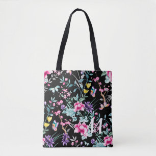 Black Floral & Butterfly Monogram Tote Bag