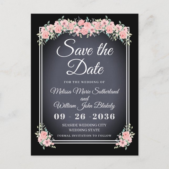 Black Floral Chalkboard Wedding Save the Date Invitation Postcard (Front)
